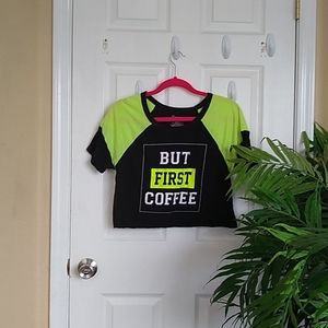 "But First Coffee" Green and Black Crop Top